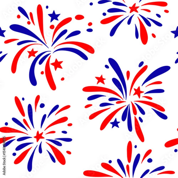 Fototapeta Vector seamless pattern of fireworks and stars for American Independence Day.