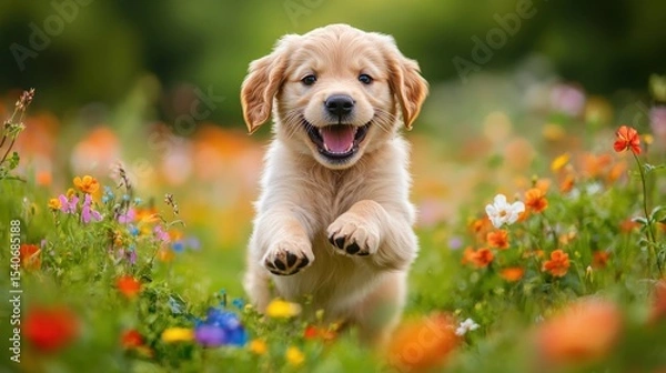 Fototapeta Happy Golden Retriever Puppy Running Through Colorful Flower Field
