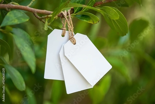 Obraz Blank cardboard price tags hanging on a tree branch, perfect for sale messages or gift. Fresh green mint leaves are scattered above, creating a fresh and eco-friendly atmosphere. 