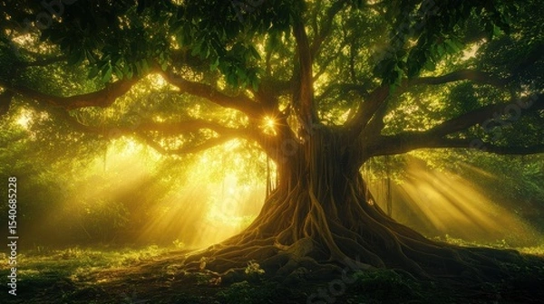 Fototapeta Majestic Tree Bathed in Golden Light with Lush Green Leaves