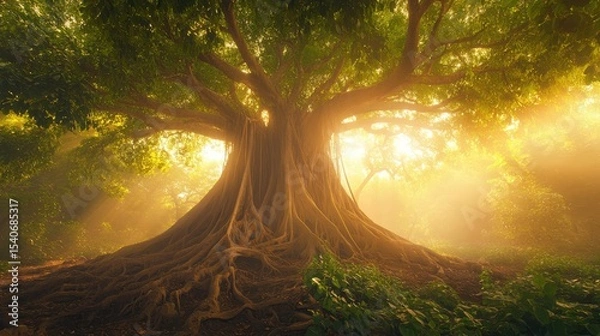 Fototapeta Majestic Ancient Tree with Thick Roots and Sunlight in Forest