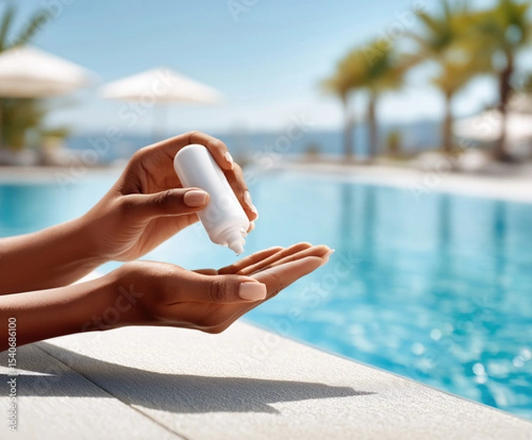Fototapeta Applying sunscreen by the poolside while enjoying a sunny day outside