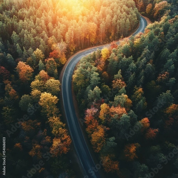 Fototapeta Serene Aerial View of Winding Road through Vibrant Autumn Forest