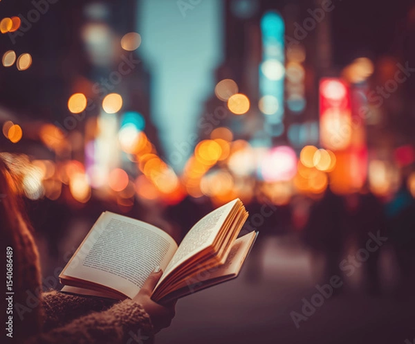 Fototapeta Reading in the heart of the city at dusk, surrounded by vibrant urban lights