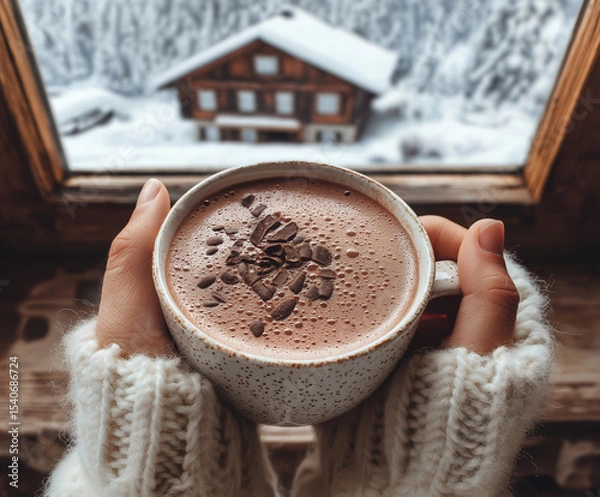 Fototapeta Enjoying hot chocolate by the window in a cozy cabin surrounded by winter scenery
