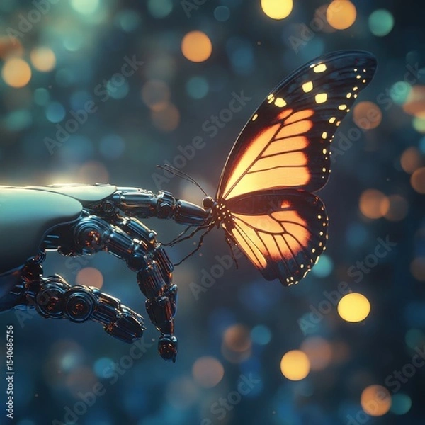 Fototapeta Robotic Hand Holding Colorful Butterfly with Abstract Background
