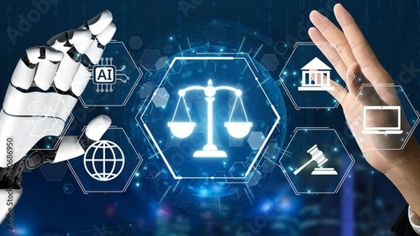 Obraz Futuristic digital law interface displaying justice scale, highlighting digital law, AI compliance, digital law systems, and digital law regulations for secure governance. Muxer