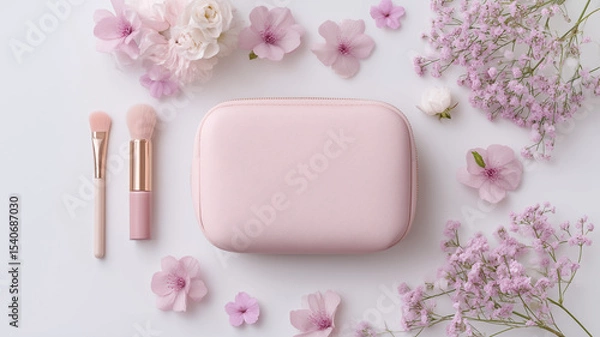 Fototapeta Soft pastel flat lay with pink makeup bag and floral touches, ideal for minimalist beauty blog cover design use