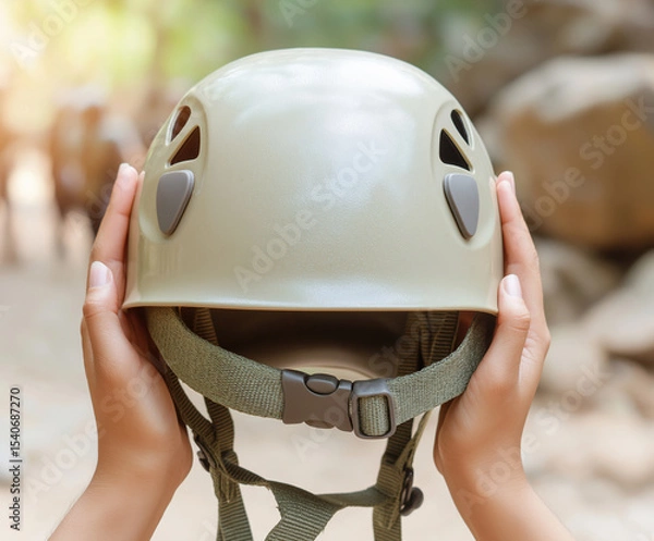 Fototapeta Hands hold a light-colored helmet in a natural outdoor setting during daytime
