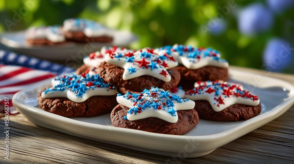 Fototapeta Patriotic Red, White, and Blue Round Cookies on a Tray in Morning Sunshine Under a Maple Tree