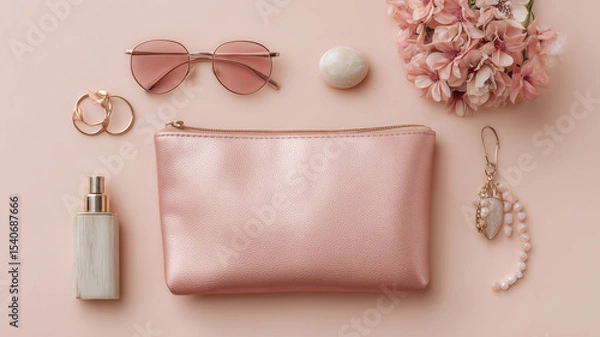 Fototapeta Beautiful flat lay of pink cosmetic bag with neutral accessories on pastel backdrop, great for fashion blog posts and visual storytelling