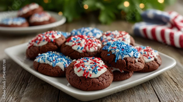 Fototapeta Patriotic Red, White, and Blue Round Cookies on a Tray in Morning Sunshine Under a Maple Tree