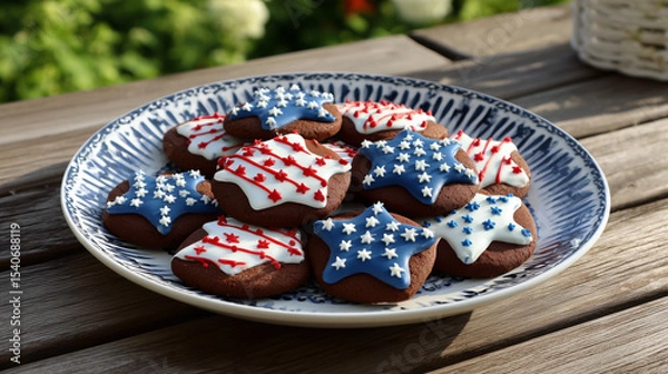 Fototapeta Patriotic Red, White, and Blue Round Cookies on a Tray in Morning Sunshine Under a Maple Tree