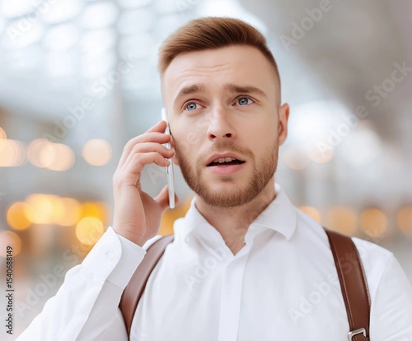 Fototapeta Man in white shirt talks on phone indoors in a modern building with blurred lights