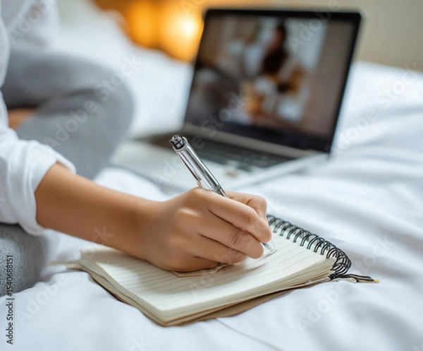 Fototapeta Individual writes notes on a notepad while working on a laptop in a cozy room