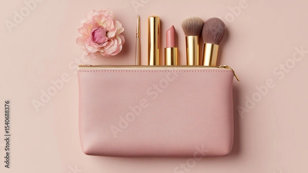 Fototapeta Elegant pink cosmetic bag flat lay with neutral accessories on soft pastel backdrop, perfect for stylish blog post visuals and design