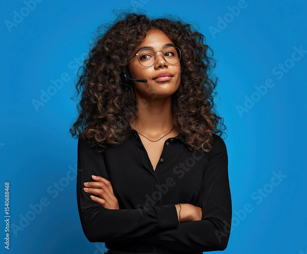 Fototapeta Confident woman wears headset in front of blue backdrop during a business call