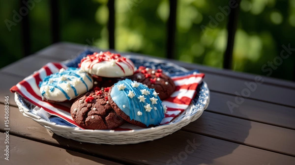 Fototapeta Patriotic Red, White, and Blue Round Cookies on a Tray in Morning Sunshine Under a Maple Tree