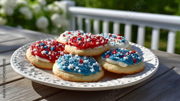Fototapeta Patriotic Red, White, and Blue Round Cookies on a Tray in Morning Sunshine Under a Maple Tree
