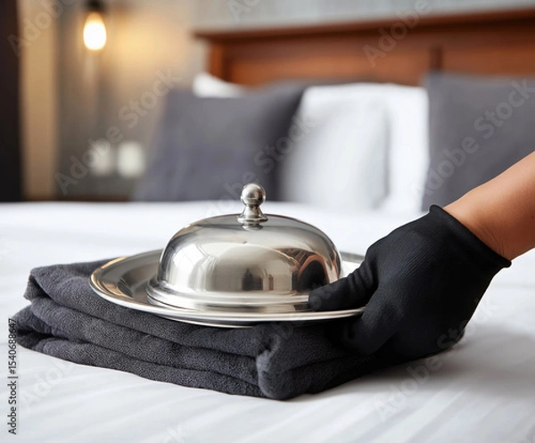 Fototapeta Service staff delivering meal on tray in hotel room with neatly arranged linens