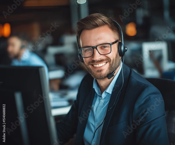 Fototapeta Professional man in headset smiling while working at a desk in an office environment