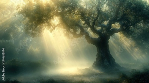 Fototapeta Majestic Ancient Tree Silhouetted by Ethereal Morning Light Rays