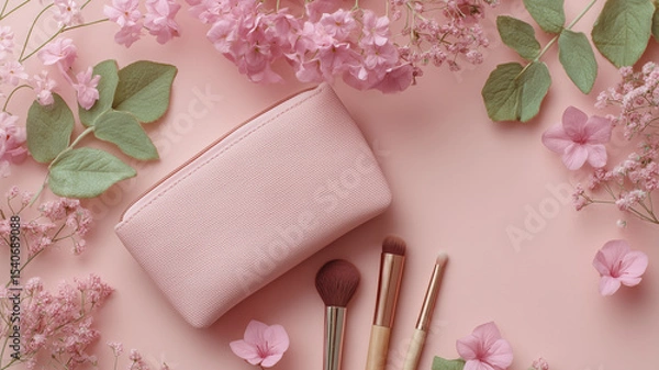 Fototapeta Light and airy flat lay of pink cosmetic bag with florals on pastel background for feminine design and blog headers