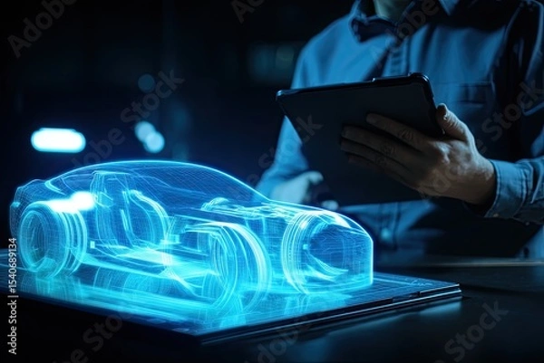 Fototapeta Auto engineer next to a holographic model of a car. Innovative technologies in the development of car design. Holographic technology revolutionizes the auto engineer's workflow.