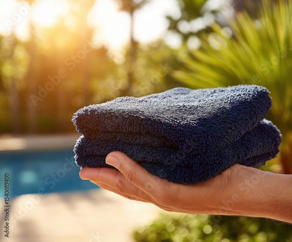 Fototapeta Soft dark towels held by a hand near a serene pool under warm sunlight in a lush garden