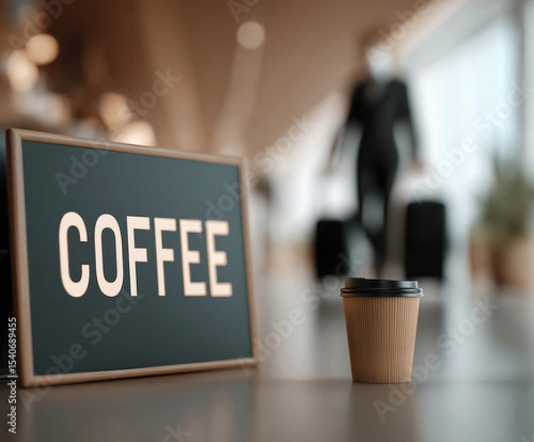 Fototapeta Enjoying coffee at the airport while waiting for the flight to board on a busy morning