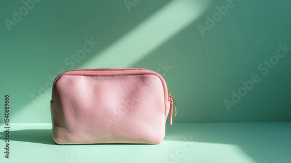 Fototapeta Minimalist pink makeup bag resting on pale mint green surface with soft natural light, offering ample copy space for elegant product promotions