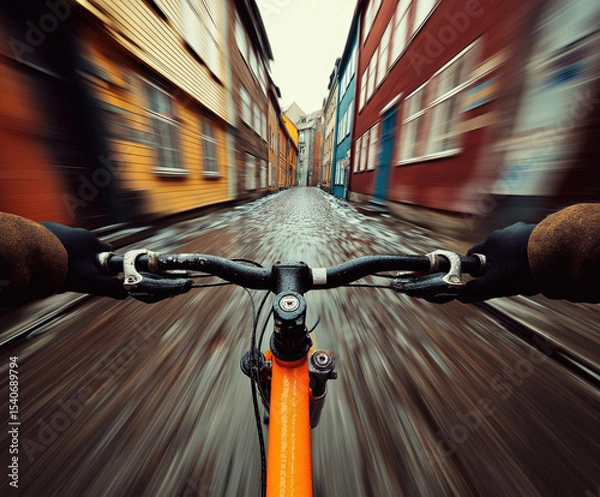 Fototapeta Biking through colorful streets in a bustling urban environment during a cloudy day