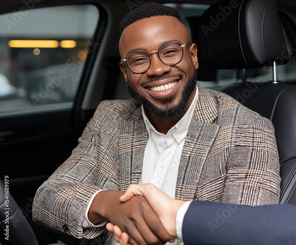 Fototapeta Smiling man shakes hands inside a car while discussing a business agreement