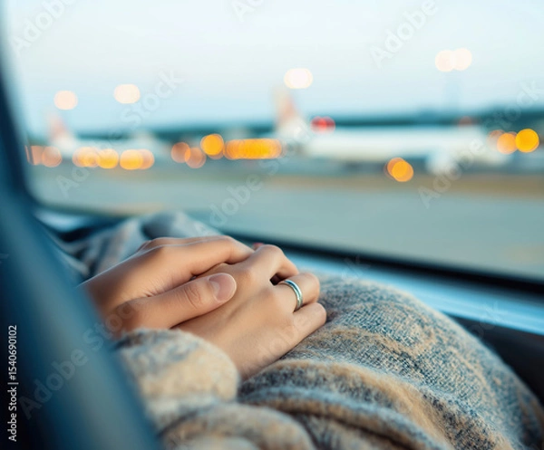 Fototapeta Couple enjoying a quiet moment together at the airport during twilight hours