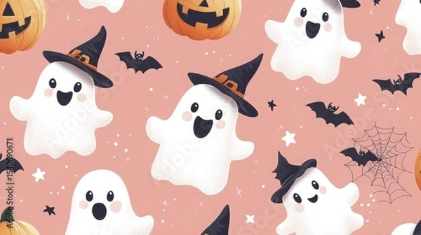 Obraz Adorable Halloween Pattern Featuring Cute Ghosts, Bats, Pumpkins, and Stars on Pink Background