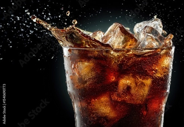 Fototapeta Explosive splash of cold cola with ice in a frosty glass against a dark background, great for soda branding, beverage promotions, and refreshing drink visuals