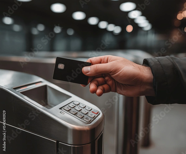 Fototapeta Person using a card at a ticket machine in a modern urban transit station