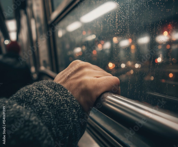 Fototapeta Rainy evening commute on public transportation with a hand gripping the rail