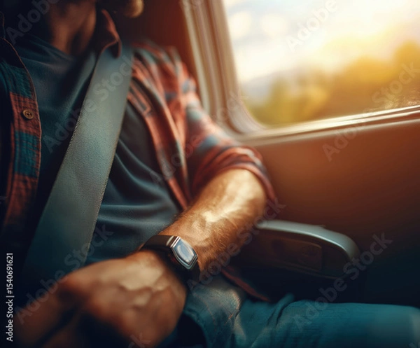 Fototapeta Man enjoying a scenic ride in a car with a sunset view through the window