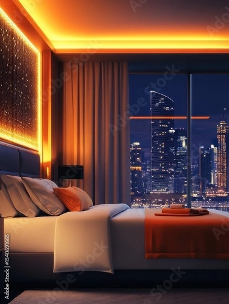 Obraz Modern luxury 5-star double bed hotel room with city view, orange ambient light