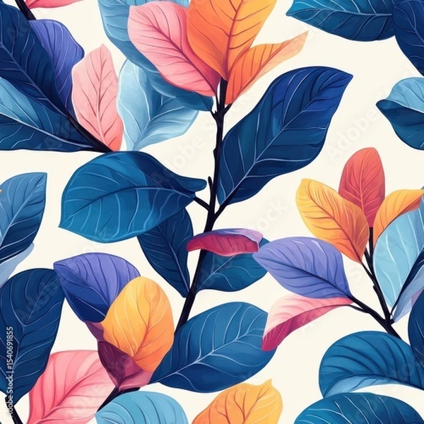 Fototapeta A seamless pattern with magical fiddle leaf figs, mesmerizing and vibrant. Art Deco meets modern luxury in this minimalist design, soft colors 