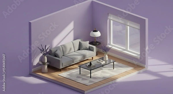 Obraz A minimalist, isometric living room scene in muted shades.