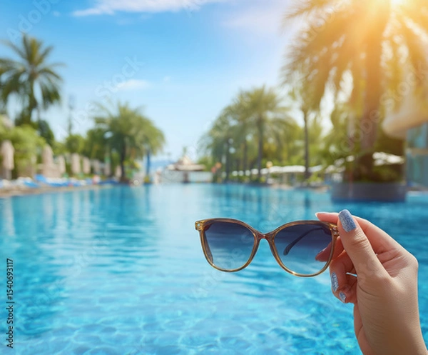 Fototapeta Sunglasses held by a hand near a tropical pool surrounded by palm trees on a sunny day