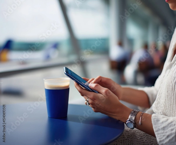 Fototapeta Traveler checks mobile phone while enjoying coffee at airport lounge seating area