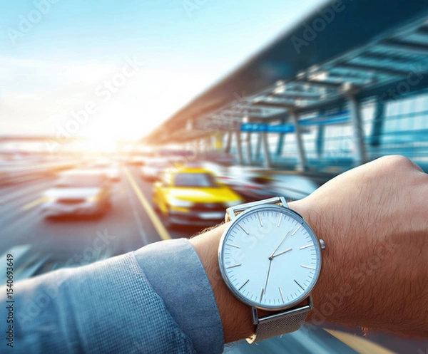 Fototapeta Man checking watch while waiting for taxi at busy airport terminal during sunset