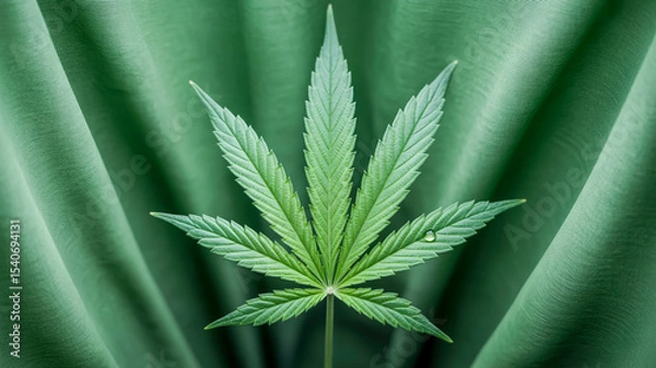 Obraz A high-resolution photograph of a single cannabis leaf centered on a dark forest green background.