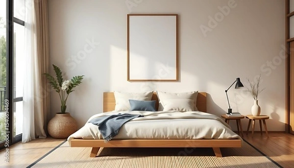 Fototapeta japandi entryway with wooden bench and black-and-white geometric wall art in minimalist style