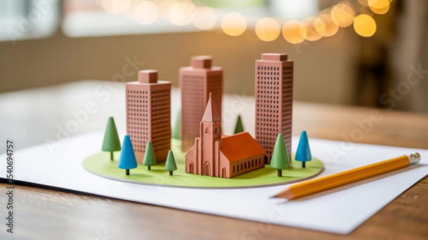 Obraz A miniature architectural model of a city skyline on a white paper base. The model features three brown rectangular buildings of varying heights, with a small brown church with a steeple.