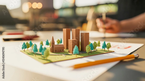 Obraz A miniature architectural model of a city skyline on a white paper base. The model features three brown rectangular buildings of varying heights, with a small brown church with a steeple.