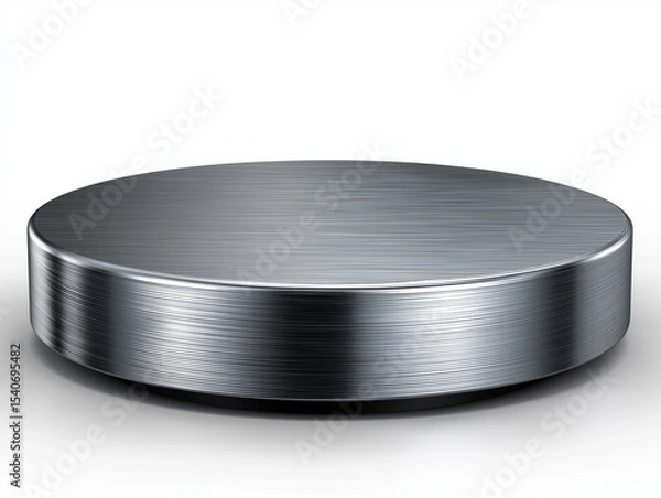 Fototapeta A metallic podium with a brushed steel surface, circular and slightly elevated, realistic texture and lighting, isolated on a white background, professional clean mockup environment, ultra-detailed